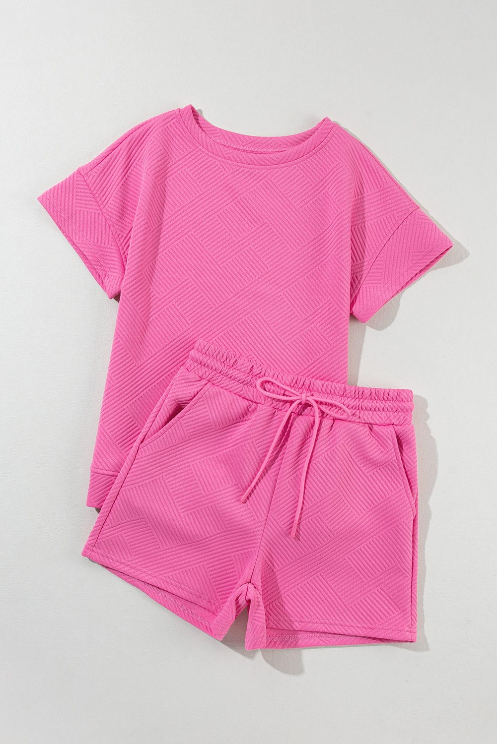 Strawberry Pink Textured Drawstring Shorts Set with Matching Top