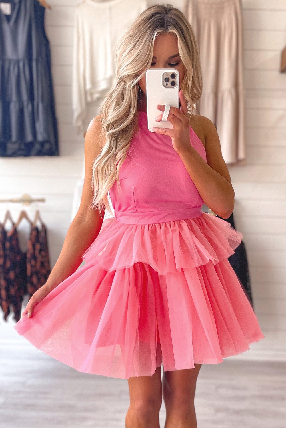 Strawberry Pink Tiered Gauze Halter Dress with Ruffle Details