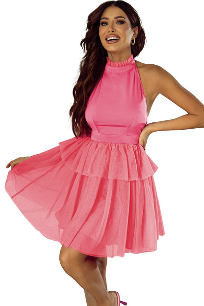 Strawberry Pink Tiered Gauze Halter Dress with Ruffle Details