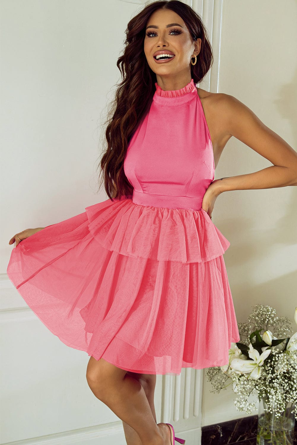Strawberry Pink Tiered Gauze Halter Dress with Ruffle Details