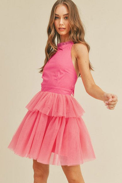 Strawberry Pink Tiered Gauze Halter Dress with Ruffle Details