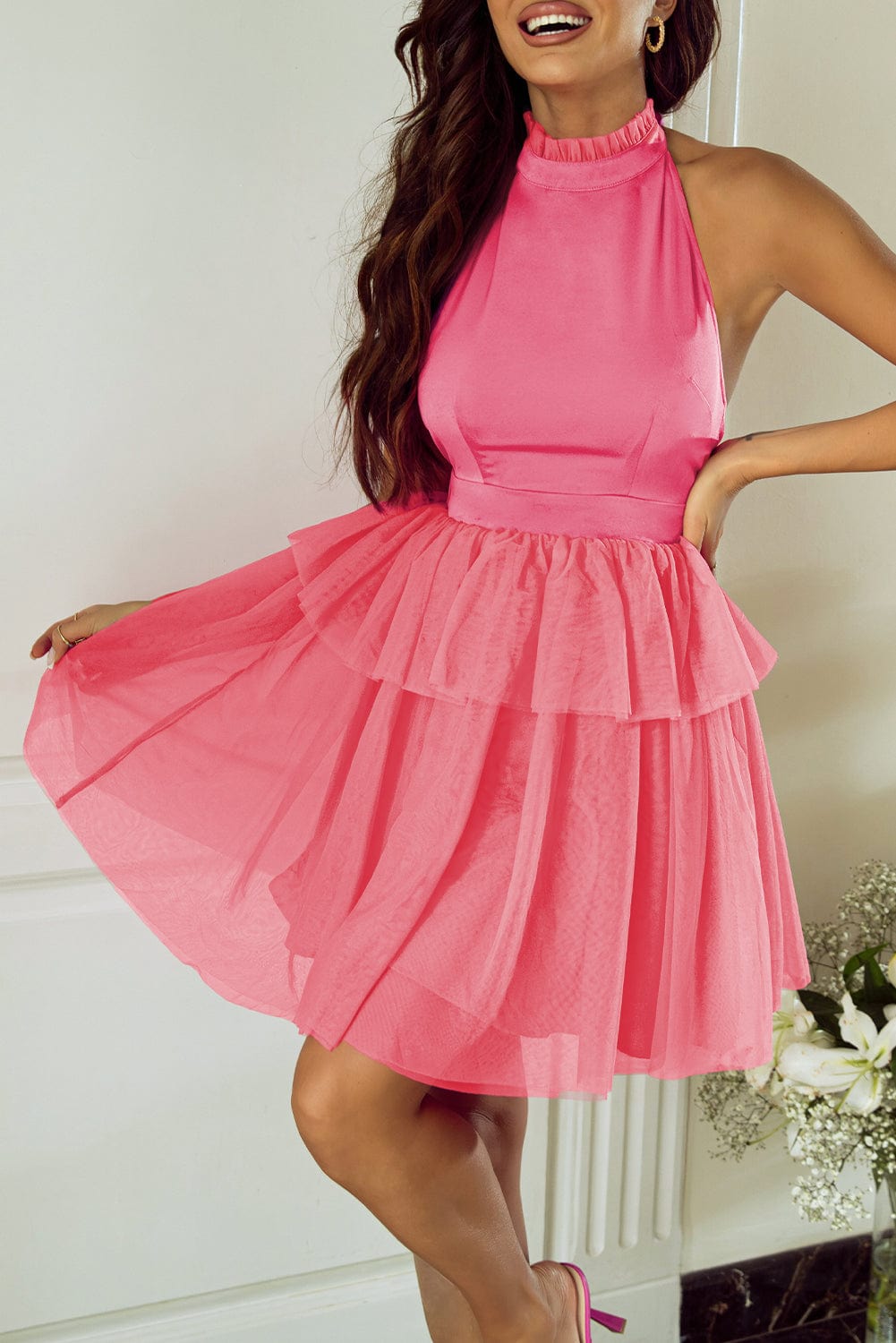 Strawberry Pink Tiered Gauze Halter Dress with Ruffle Details