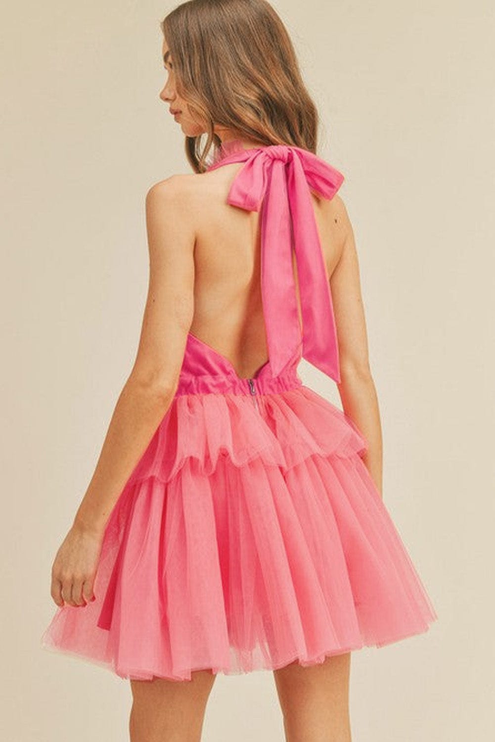 Strawberry Pink Tiered Gauze Halter Dress with Ruffle Details