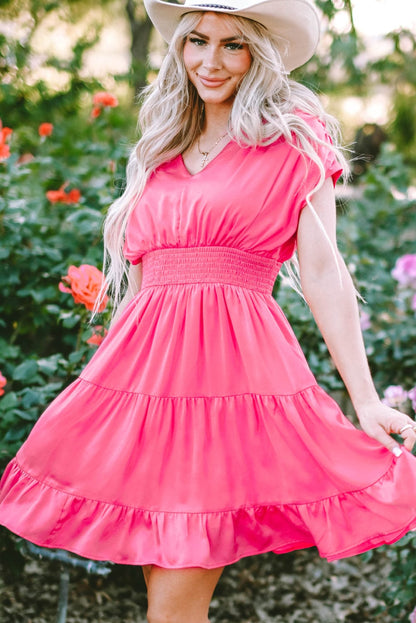 Strawberry Pink Tiered Ruffle Smock Waist Mini Dress