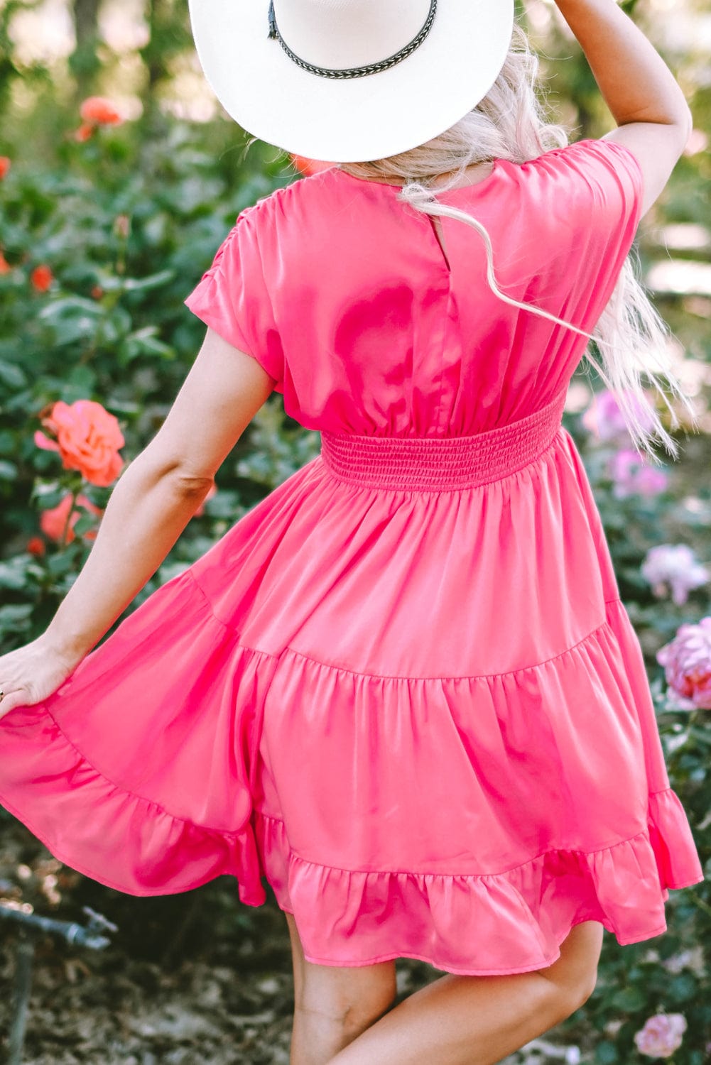 Strawberry Pink Tiered Ruffle Smock Waist Mini Dress