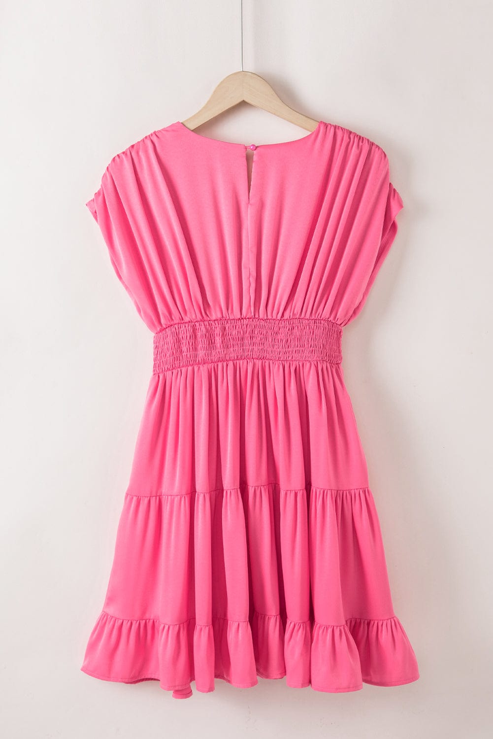 Strawberry Pink Tiered Ruffle Smock Waist Mini Dress
