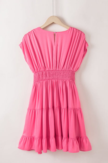 Strawberry Pink Tiered Ruffle Smock Waist Mini Dress