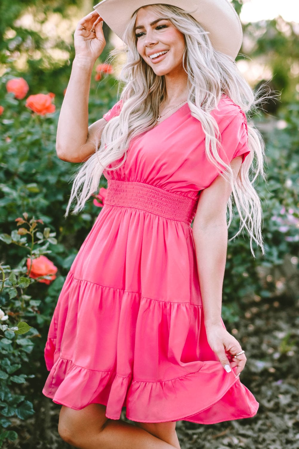 Strawberry Pink Tiered Ruffle Smock Waist Mini Dress