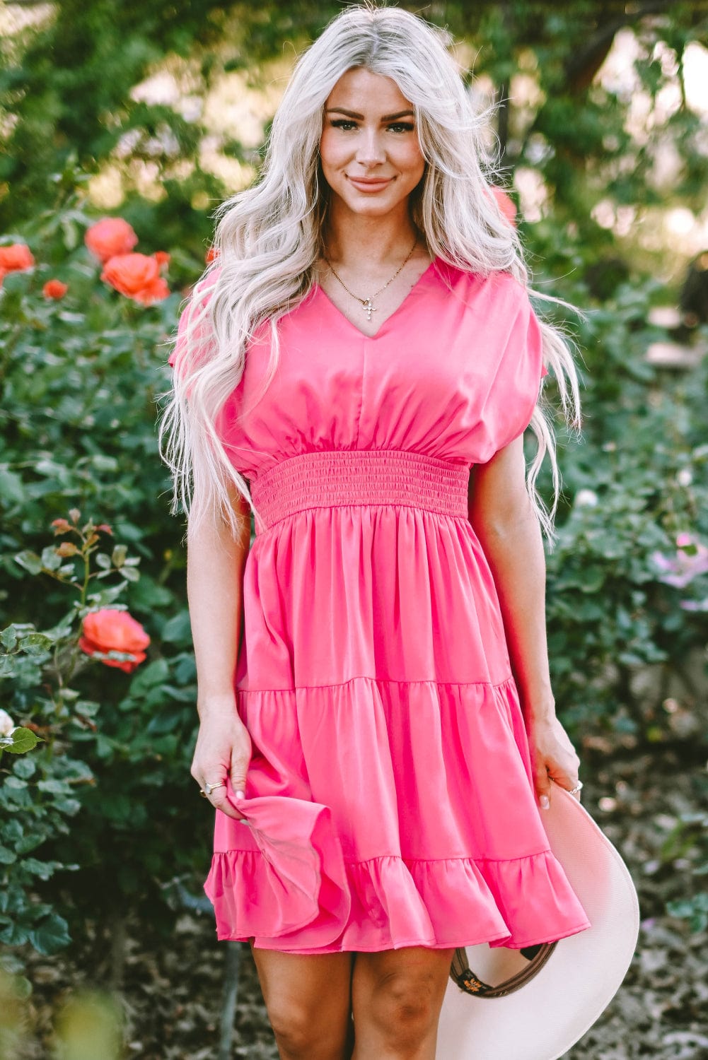 Strawberry Pink Tiered Ruffle Smock Waist Mini Dress