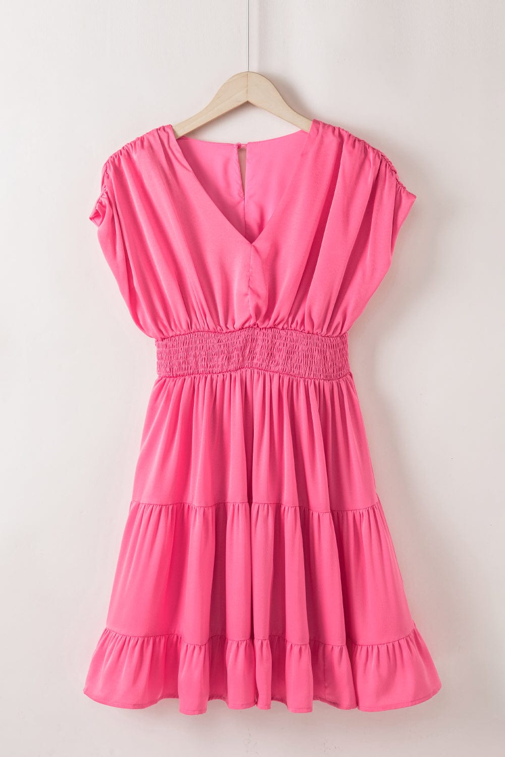 Strawberry Pink Tiered Ruffle Smock Waist Mini Dress