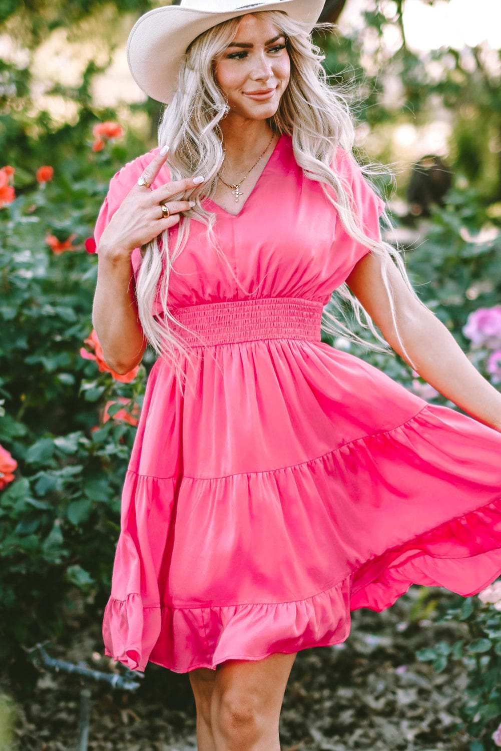 Strawberry Pink Tiered Ruffle Smock Waist Mini Dress