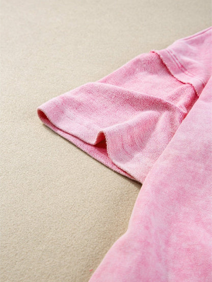 Strawberry Pink Vintage Mineral Wash Boyfriend Tee with Exposed Seam Details