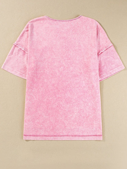 Strawberry Pink Vintage Mineral Wash Boyfriend Tee with Exposed Seam Details