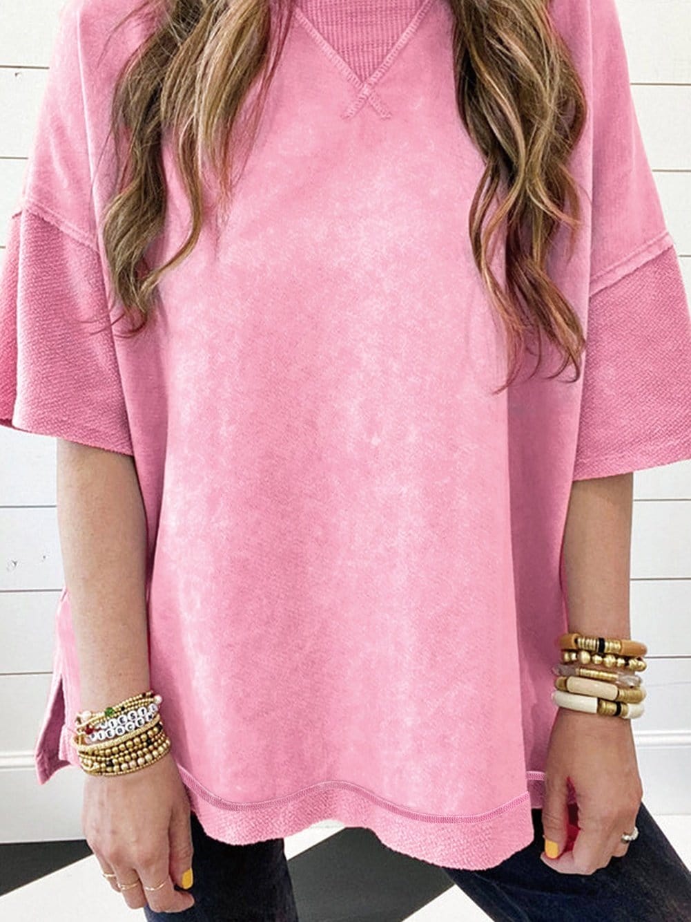 Strawberry Pink Vintage Mineral Wash Boyfriend Tee with Exposed Seam Details