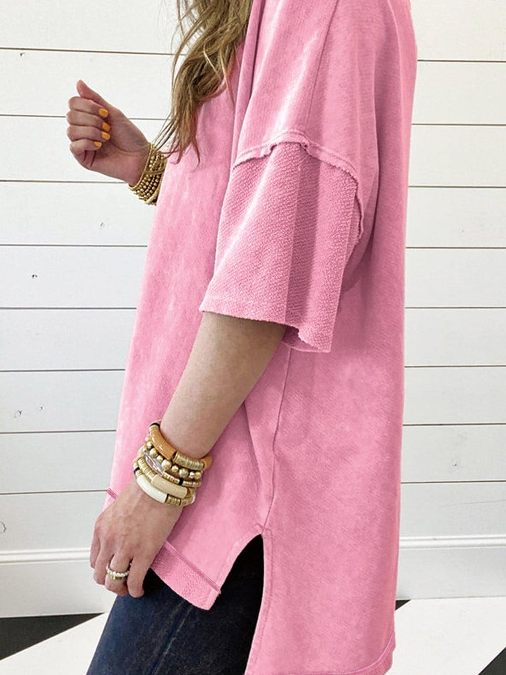 Strawberry Pink Vintage Mineral Wash Boyfriend Tee with Exposed Seam Details