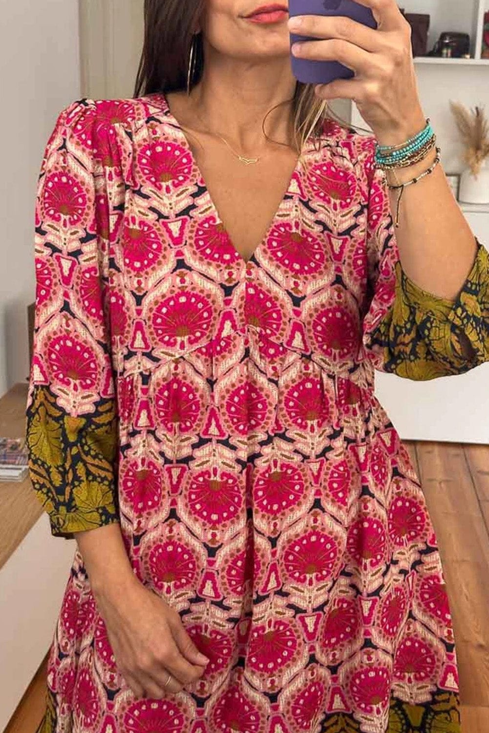 Strawberry Pink Vintage V Neck Bracelet Sleeve Dress