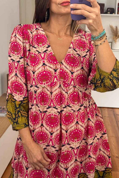 Strawberry Pink Vintage V Neck Bracelet Sleeve Dress