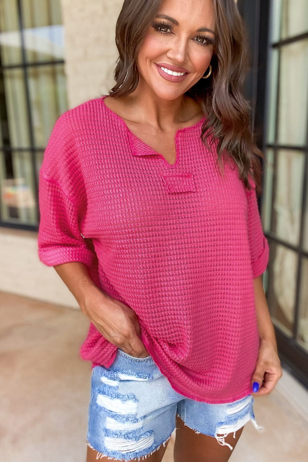 Strawberry Pink Waffle Knit V-Neck Casual Short Sleeve Top