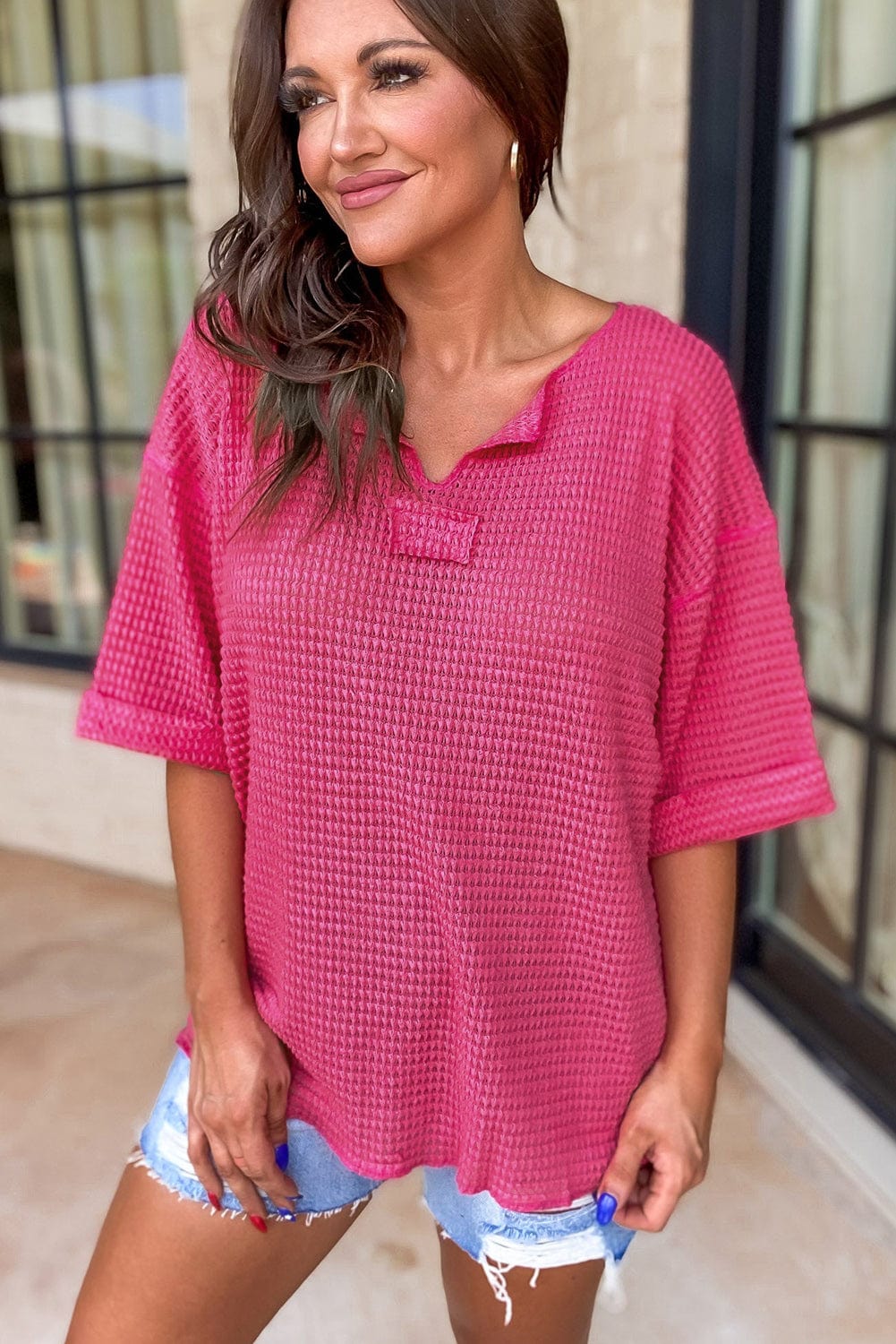Strawberry Pink Waffle Knit V-Neck Casual Short Sleeve Top