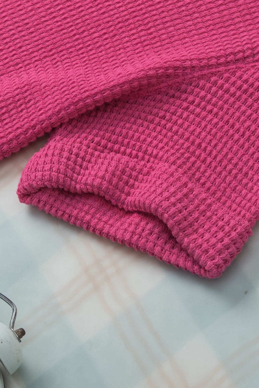 Strawberry Pink Waffle Knit V-Neck Casual Short Sleeve Top