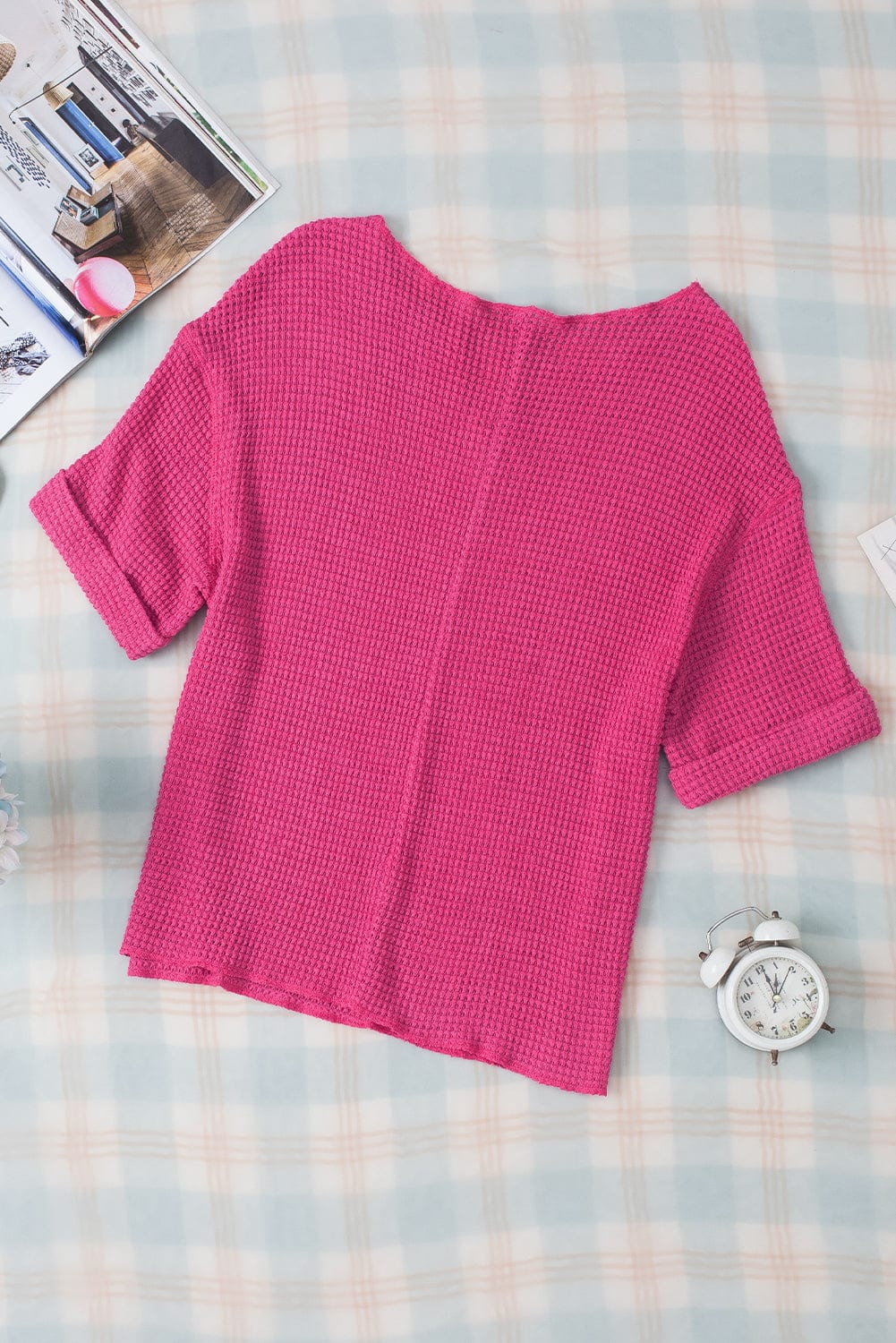 Strawberry Pink Waffle Knit V-Neck Casual Short Sleeve Top