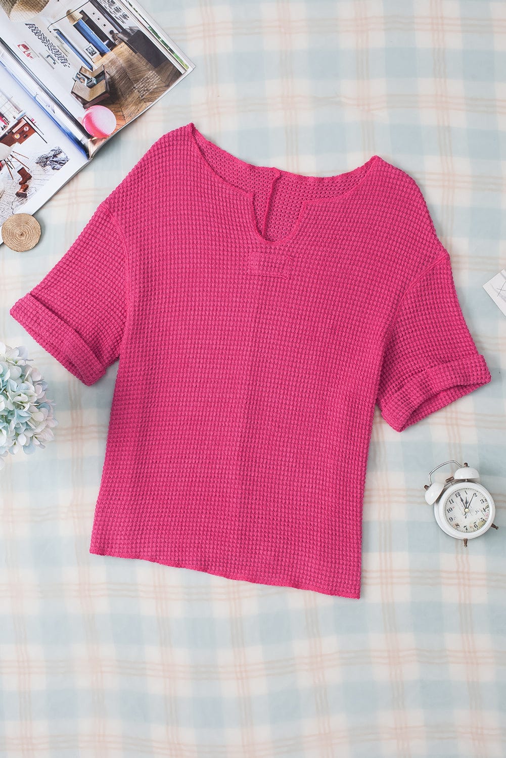 Strawberry Pink Waffle Knit V-Neck Casual Short Sleeve Top