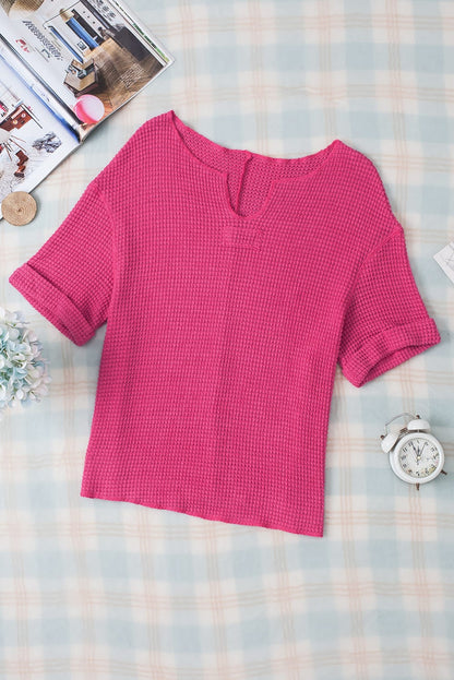 Strawberry Pink Waffle Knit V-Neck Casual Short Sleeve Top