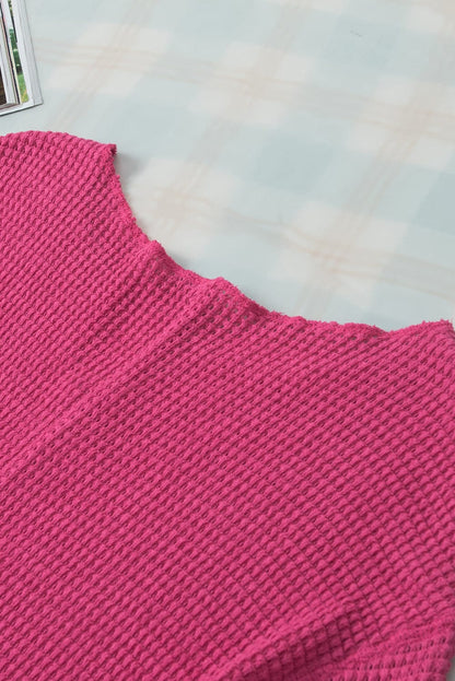 Strawberry Pink Waffle Knit V-Neck Casual Short Sleeve Top