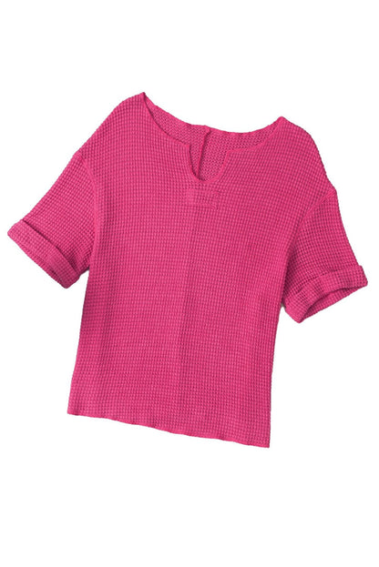 Strawberry Pink Waffle Knit V-Neck Casual Short Sleeve Top