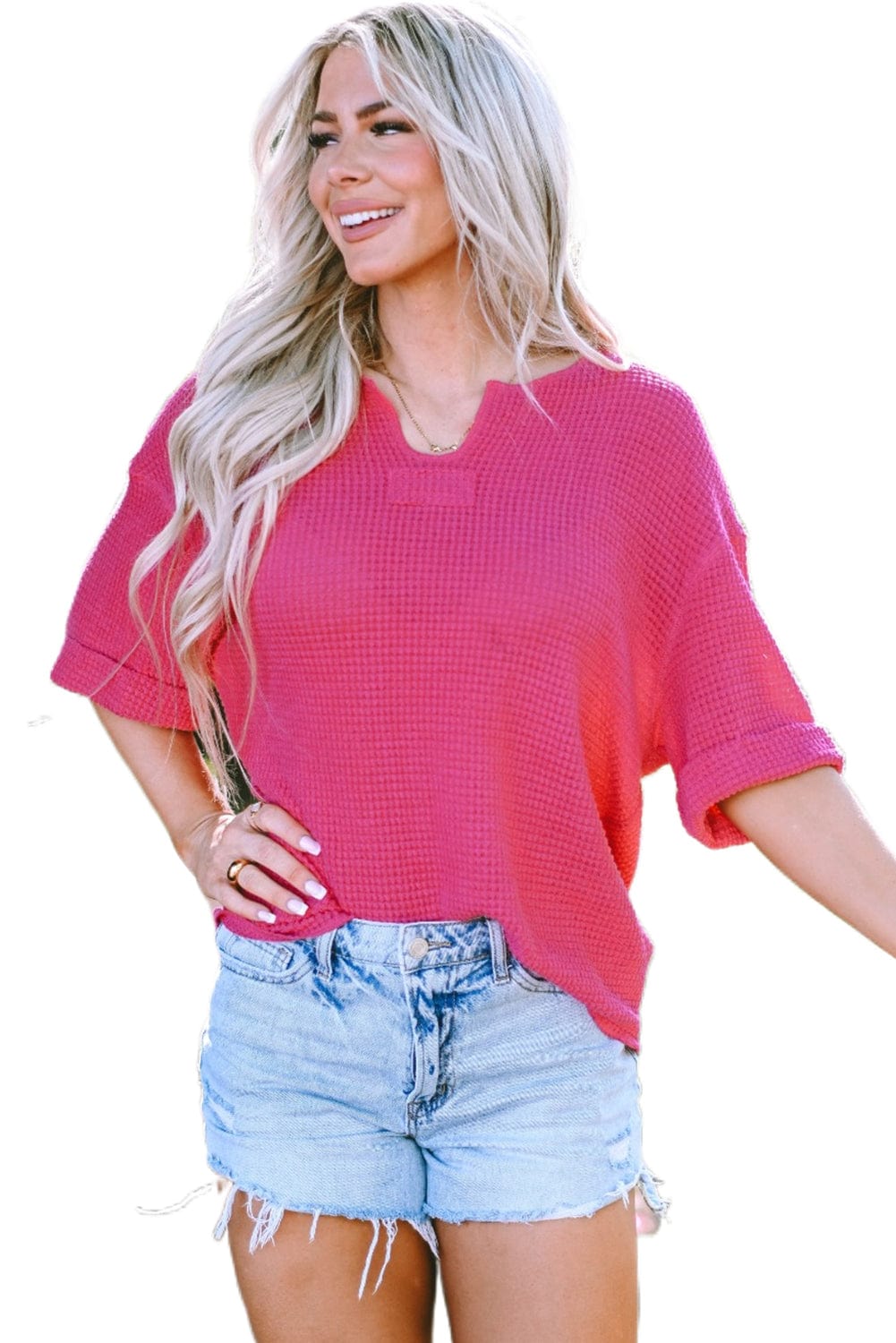 Strawberry Pink Waffle Knit V-Neck Casual Short Sleeve Top