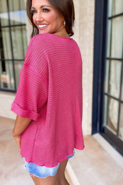 Strawberry Pink Waffle Knit V-Neck Casual Short Sleeve Top