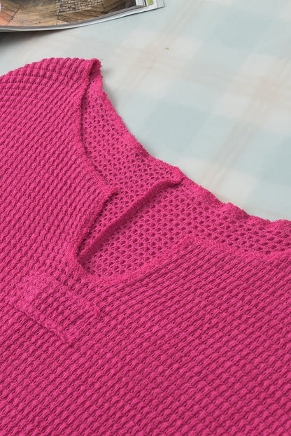 Strawberry Pink Waffle Knit V-Neck Casual Short Sleeve Top