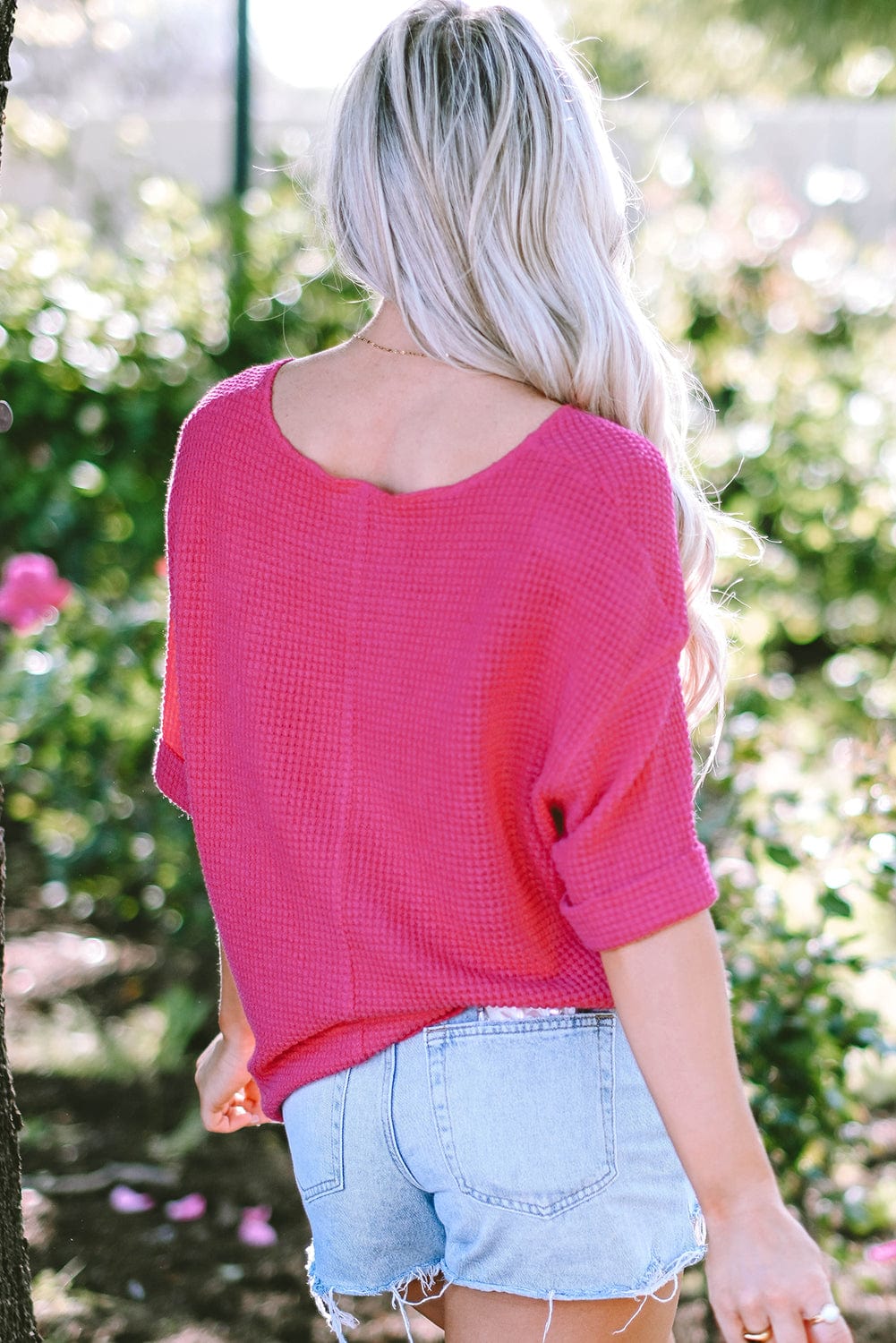 Strawberry Pink Waffle Knit V-Neck Casual Short Sleeve Top