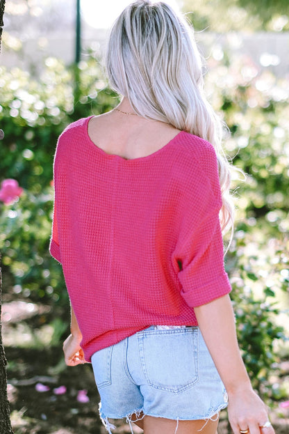 Strawberry Pink Waffle Knit V-Neck Casual Short Sleeve Top