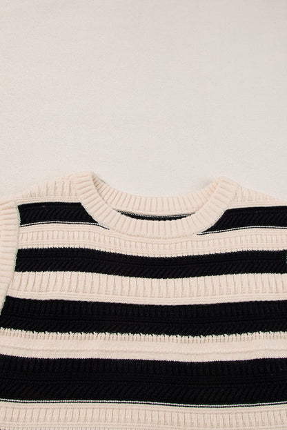 Striped Black Ribbed Trim Sleeveless Sweater Vest
