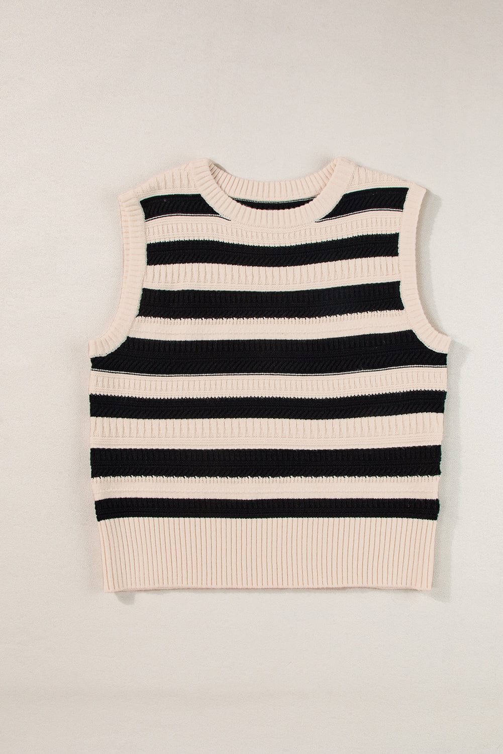 Striped Black Ribbed Trim Sleeveless Sweater Vest