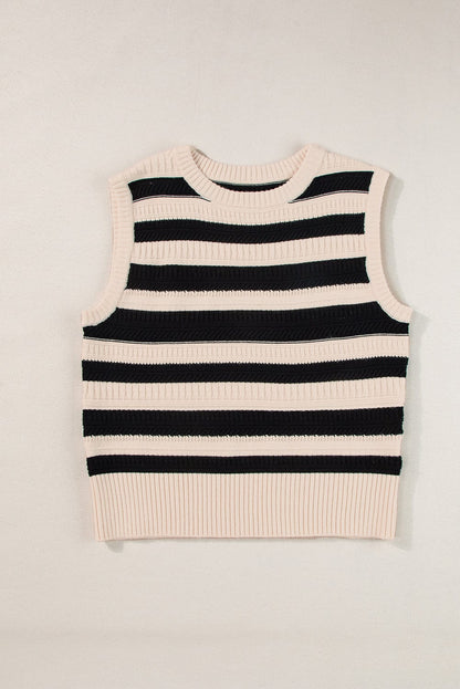 Striped Black Ribbed Trim Sleeveless Sweater Vest