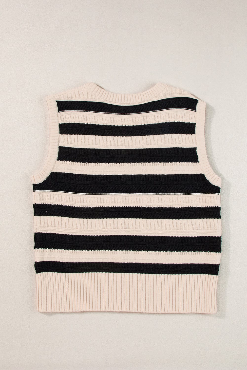 Striped Black Ribbed Trim Sleeveless Sweater Vest