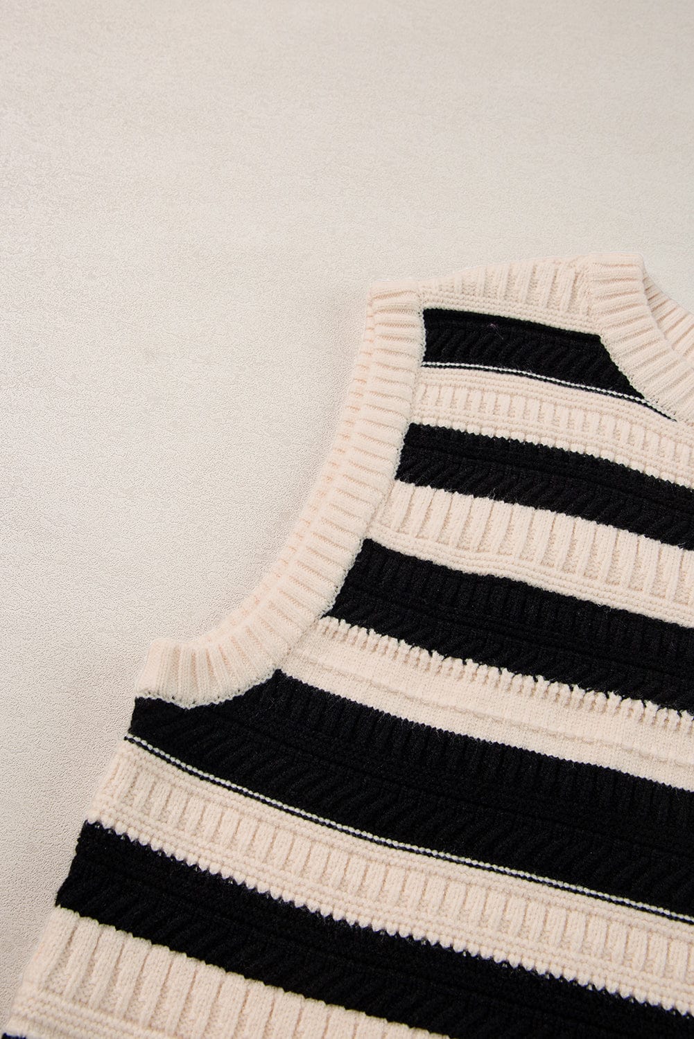 Striped Black Ribbed Trim Sleeveless Sweater Vest