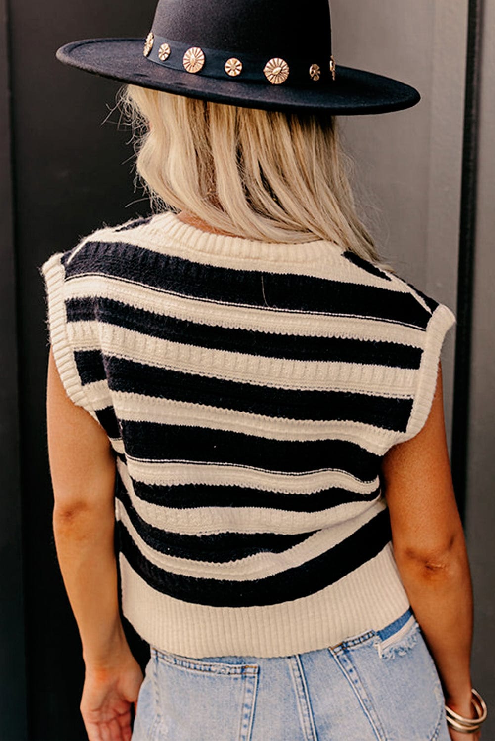 Striped Black Ribbed Trim Sleeveless Sweater Vest
