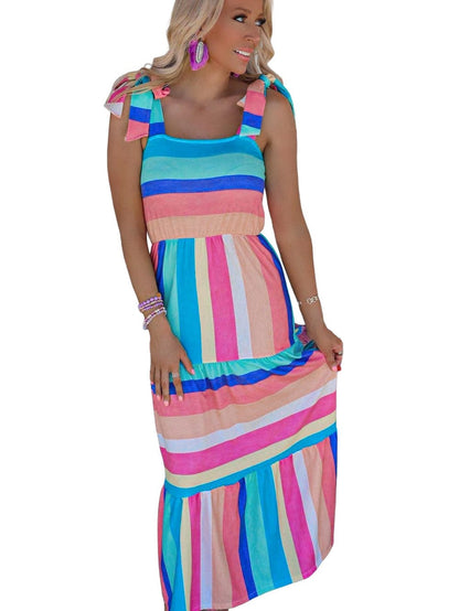 Striped Bow Detail Multicolor Maxi Dress with Knot Straps