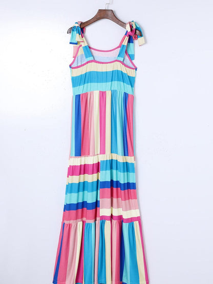 Striped Bow Detail Multicolor Maxi Dress with Knot Straps