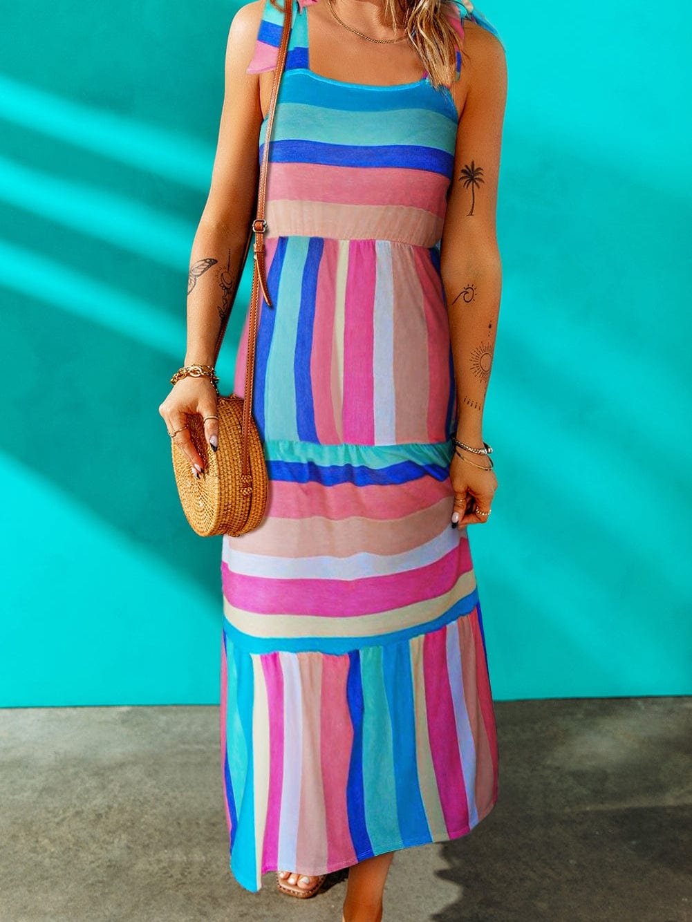 Striped Bow Detail Multicolor Maxi Dress with Knot Straps