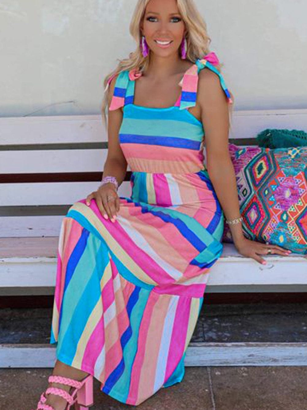 Striped Bow Detail Multicolor Maxi Dress with Knot Straps