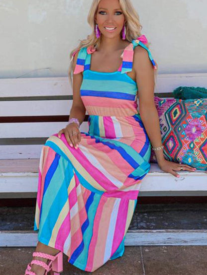 Striped Bow Detail Multicolor Maxi Dress with Knot Straps