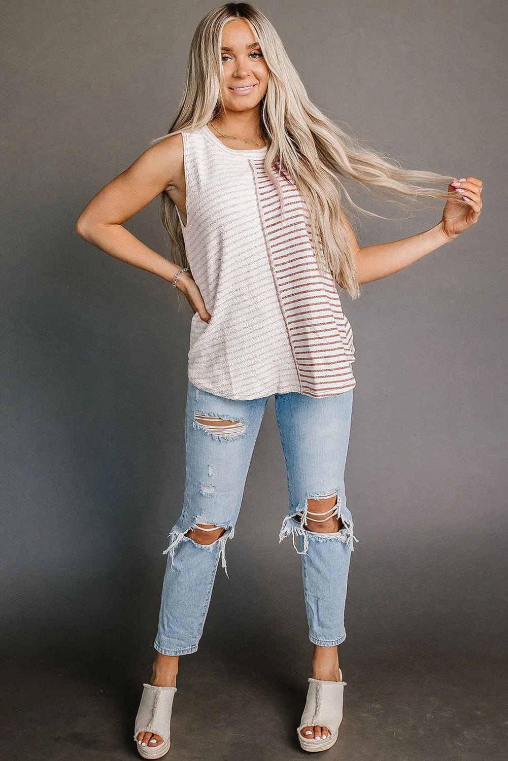 Striped Brown Colorblock Sleeveless Tank Top