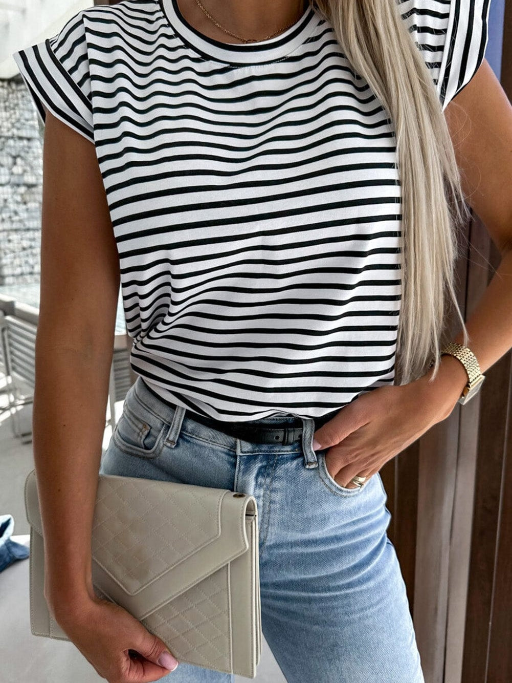 Striped Cap Sleeve Crew Neck Tee