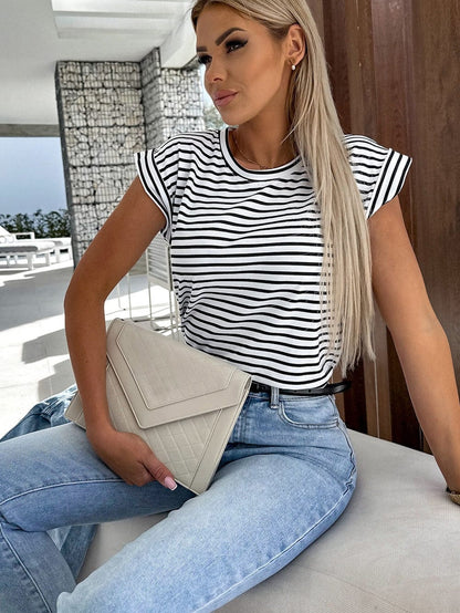Striped Cap Sleeve Crew Neck Tee