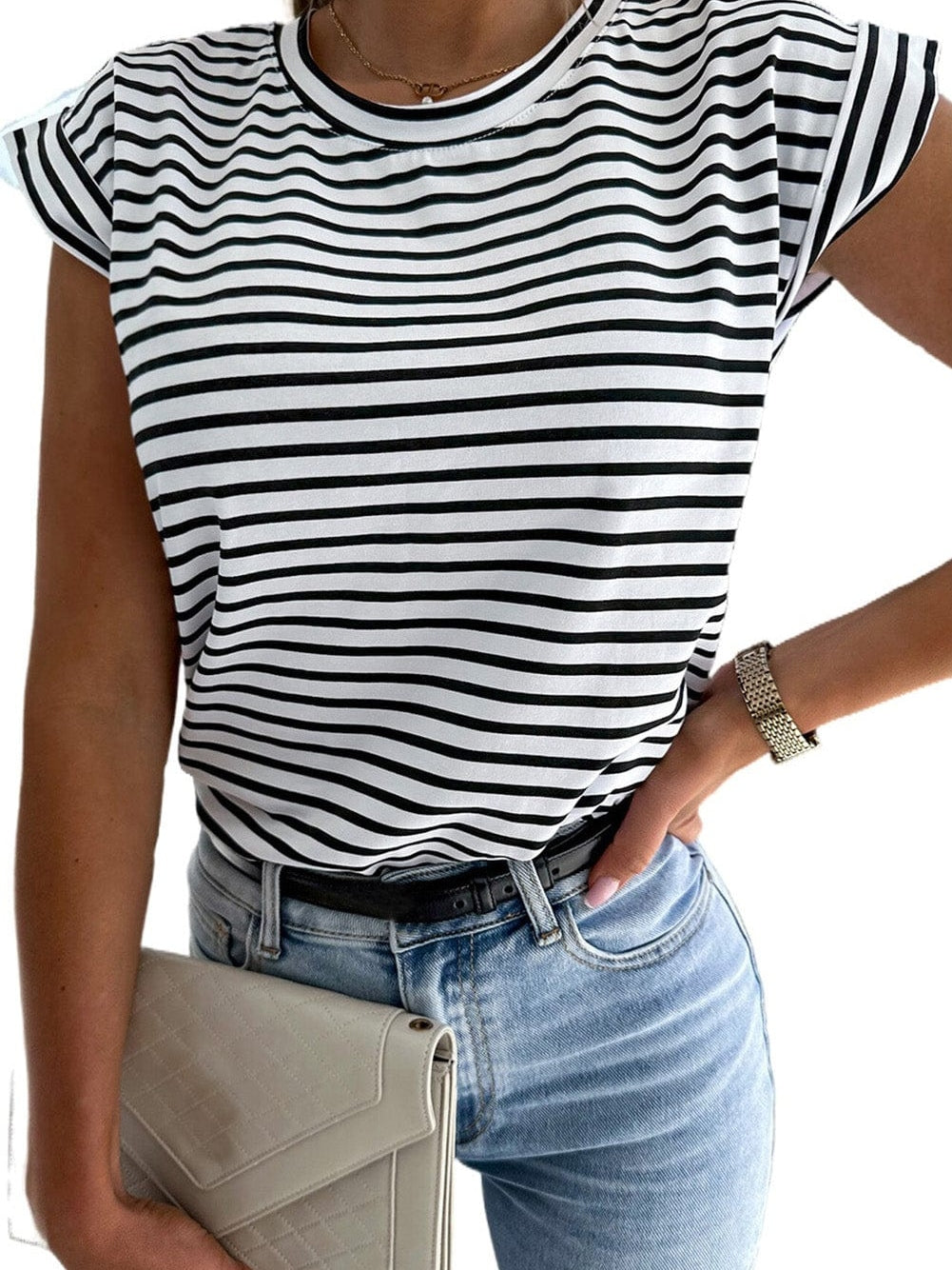 Striped Cap Sleeve Crew Neck Tee