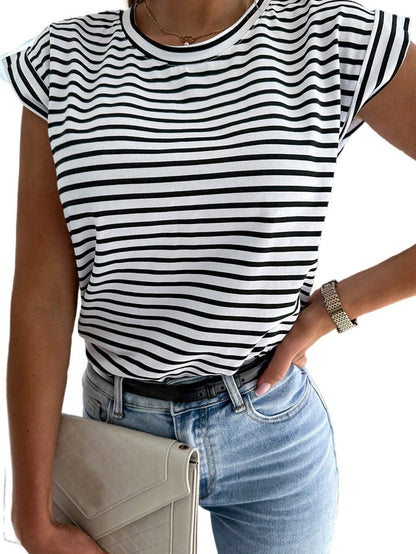 Striped Cap Sleeve Crew Neck Tee